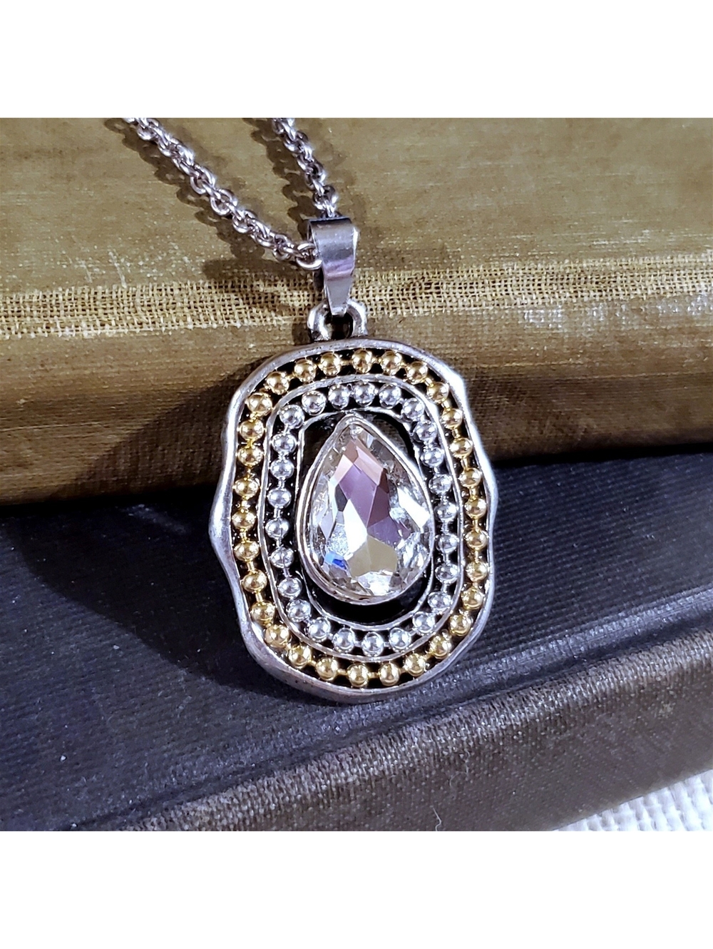 Edgy Ball Chain Teardrop Crystal Gold Silver Rhinestone Pendant Necklace